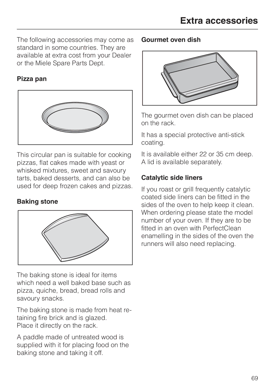 Miele H 387-1 B KAT manual Extra accessories, Pizza pan, Baking stone, Gourmet oven dish, Catalytic side liners 