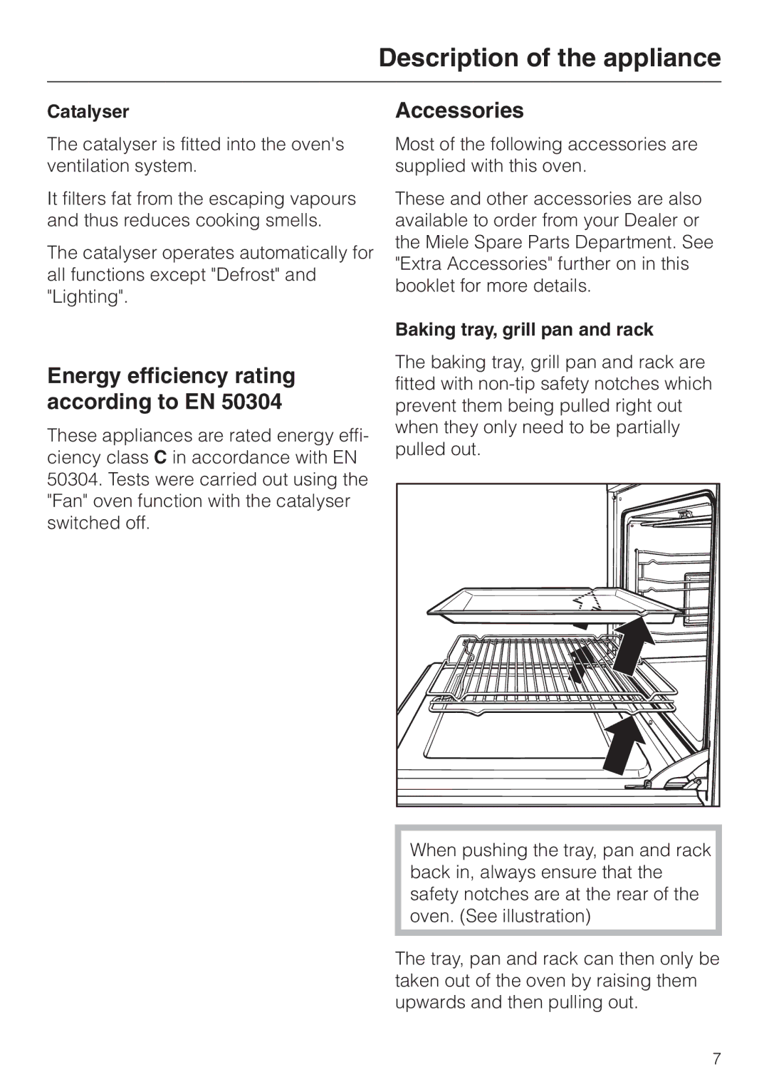 Miele H 387-1 B KAT Energy efficiency rating according to EN, Accessories, Catalyser, Baking tray, grill pan and rack 