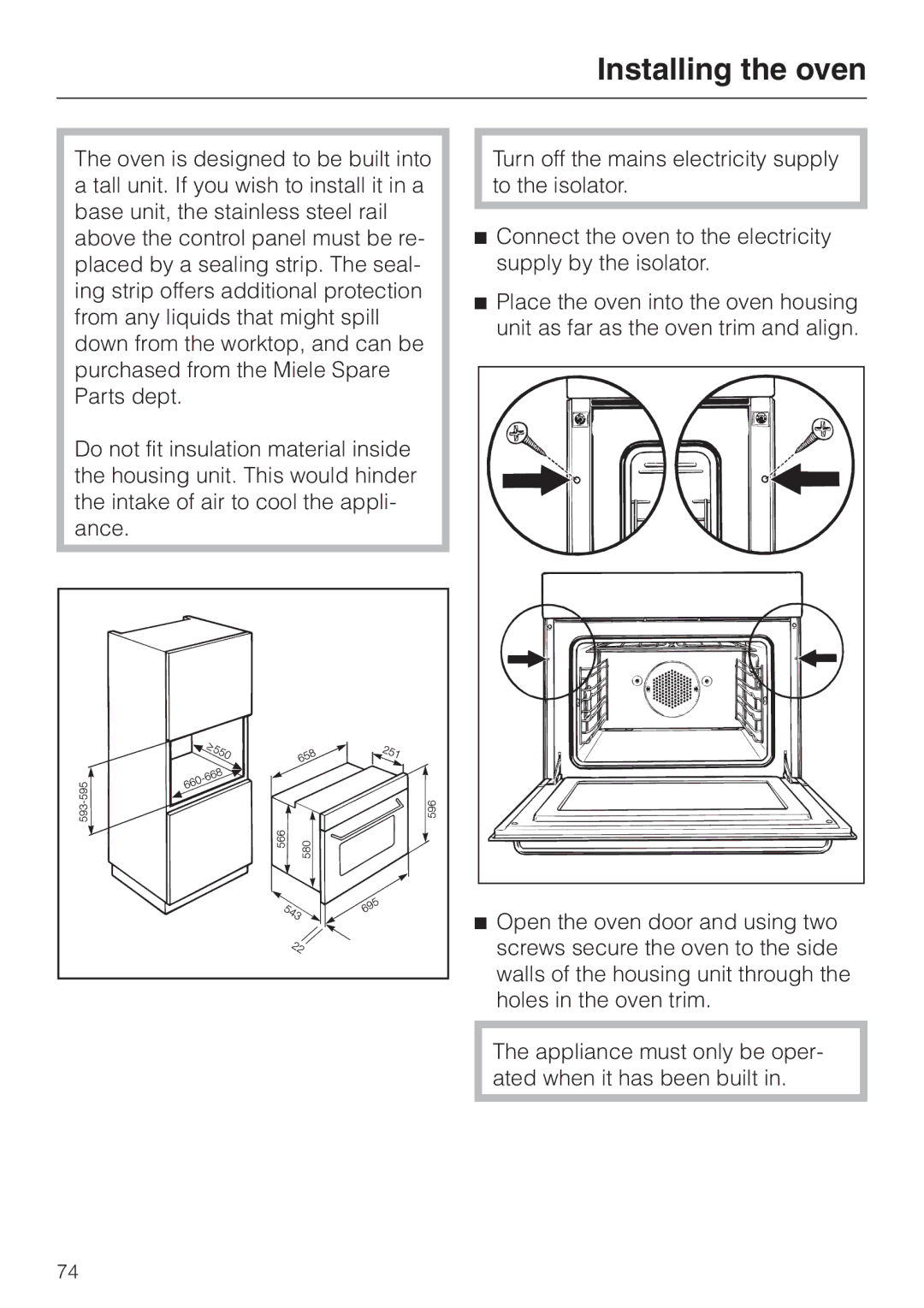 Miele H 387-1 B KAT manual Installing the oven 