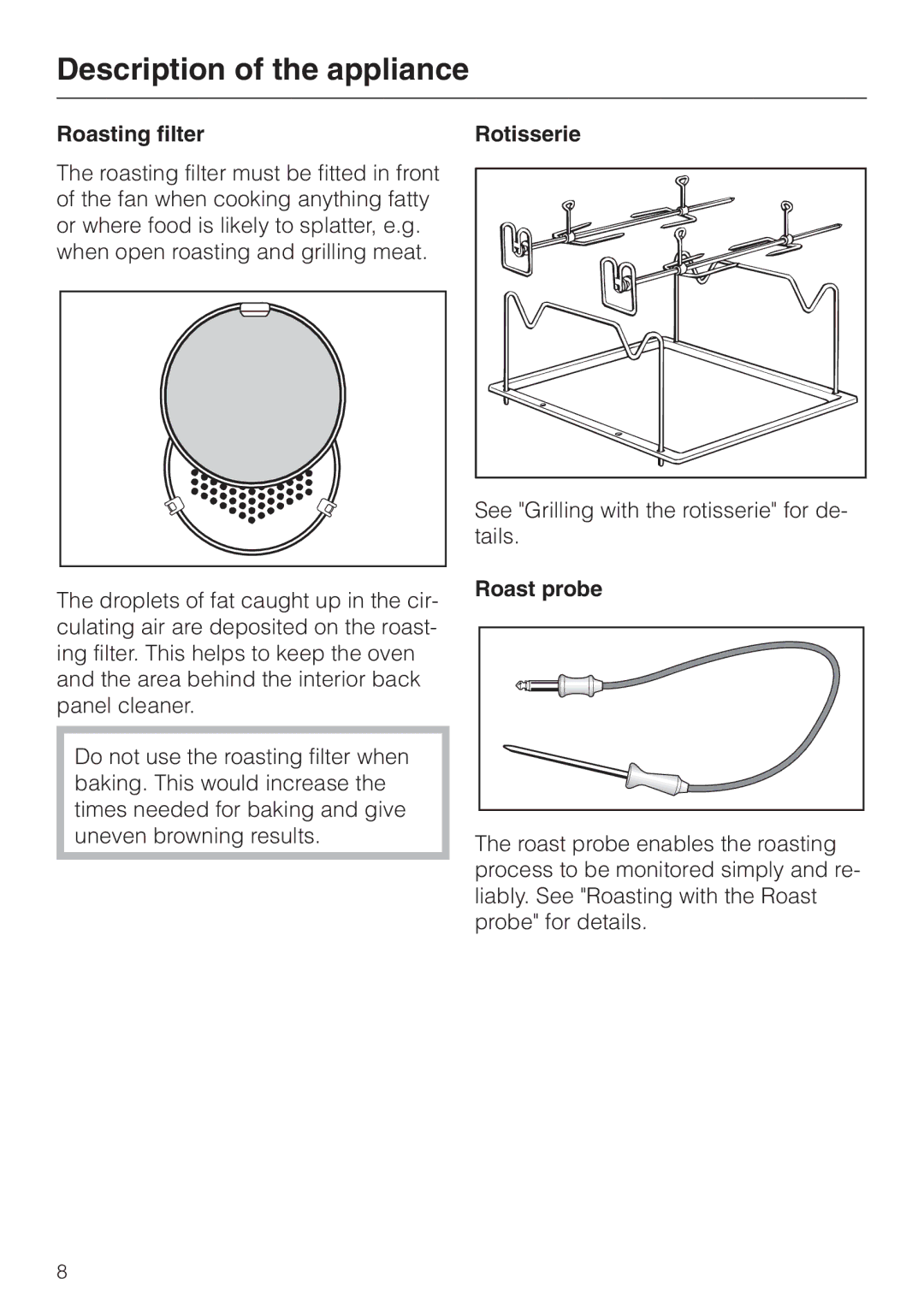 Miele H 387-1 B KAT manual Roasting filter, Rotisserie, Roast probe 