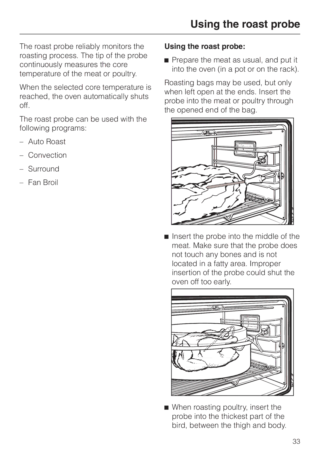 Miele H 387-1 BP KAT, H 387-2 BP KAT manual Using the roast probe 