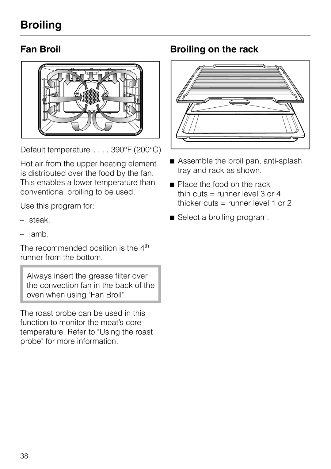 Miele H 387-2 BP KAT, H 387-1 BP KAT manual Fan Broil Broiling on the rack 