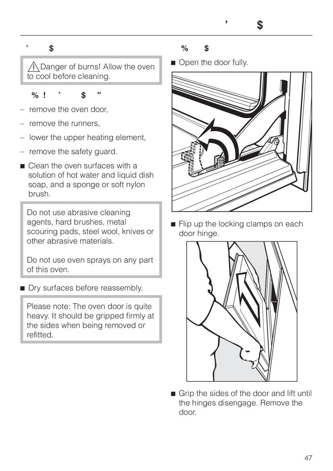 Miele H 387-1 BP KAT, H 387-2 BP KAT manual Cleaning the oven cavity by hand To make cleaning easier, Removing the oven door 