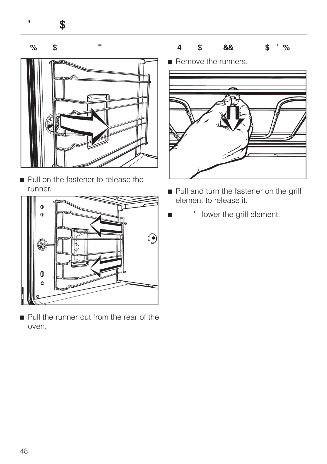 Miele H 387-2 BP KAT, H 387-1 BP KAT manual Removing the runners, Lowering the upper heating element 