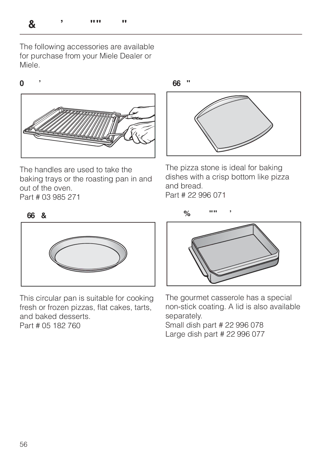 Miele H 387-2 BP KAT, H 387-1 BP KAT manual Optional accessories, Handle, Pizza pan Pizza stone, Gourmet Casserole 