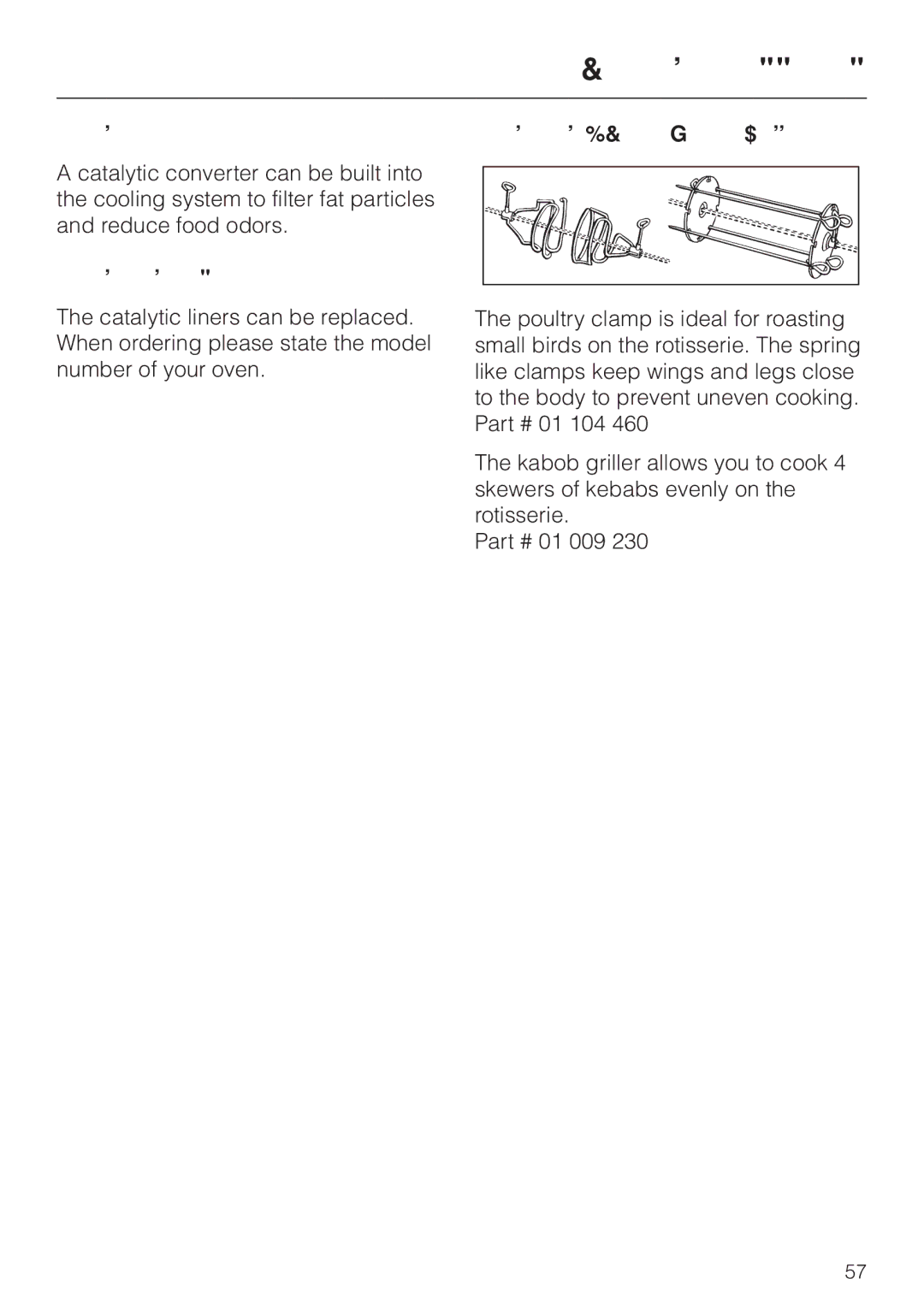 Miele H 387-1 BP KAT, H 387-2 BP KAT manual Catalytic converter, Catalytic liners, Poultry clamp and Kabob griller 