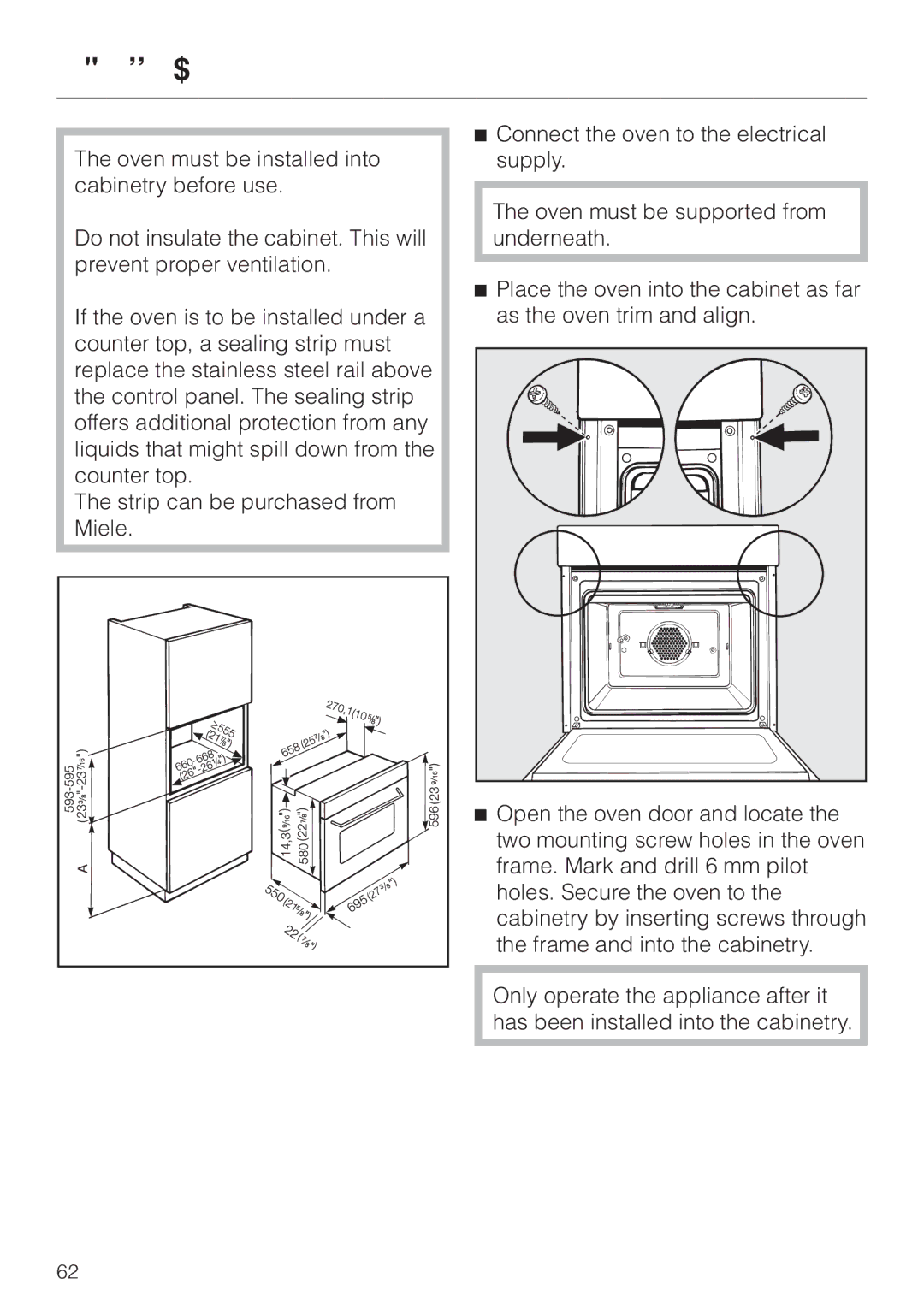 Miele H 387-2 BP KAT, H 387-1 BP KAT manual Installing the oven 