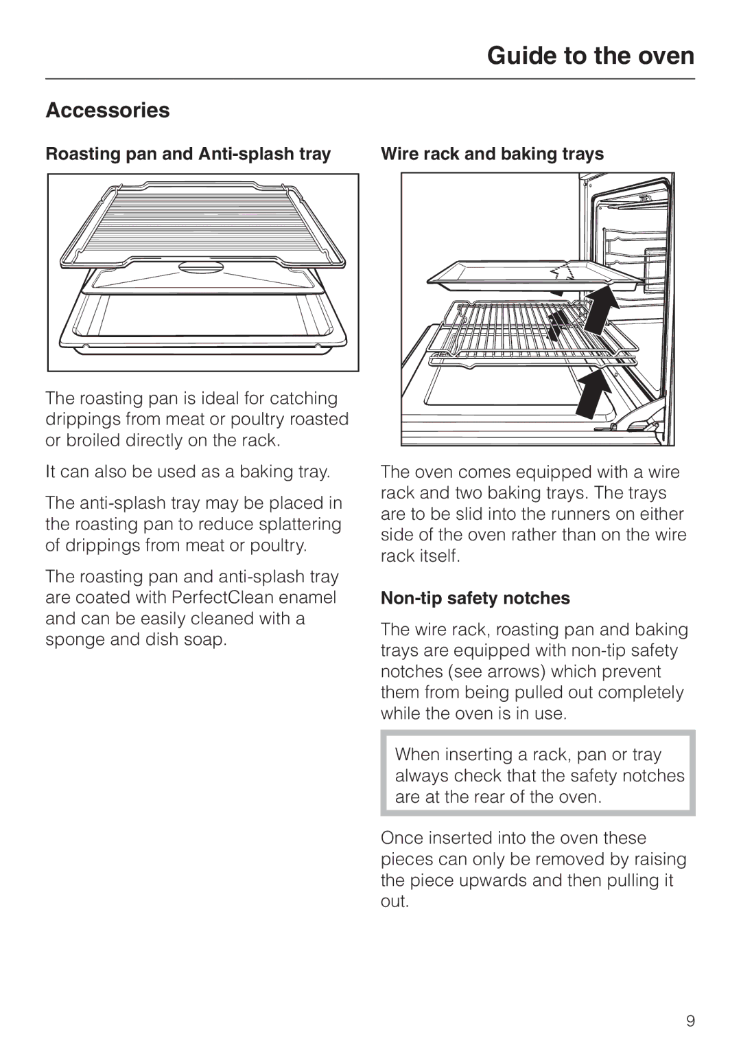 Miele H 387-1 BP KAT, H 387-2 BP KAT manual Accessories, Roasting pan and Anti-splash tray, Non-tip safety notches 