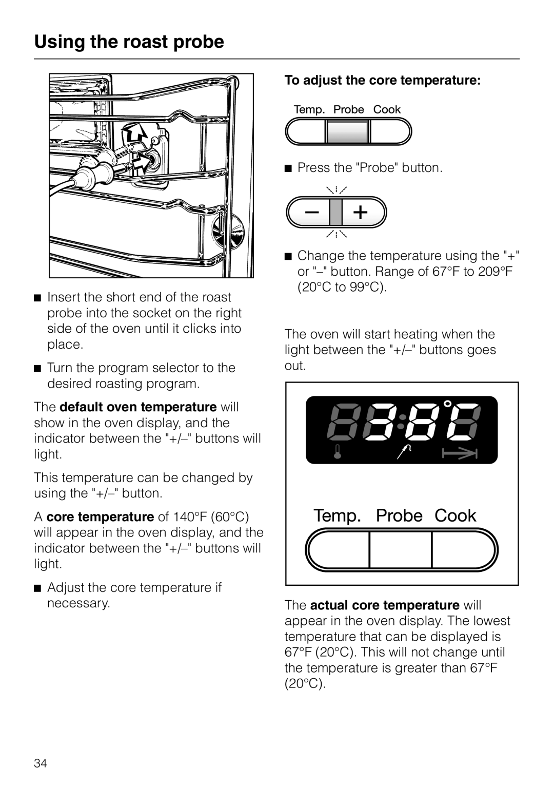 Miele H 387-2 BP KAT, H 387-1 BP KAT manual Using the roast probe, To adjust the core temperature 