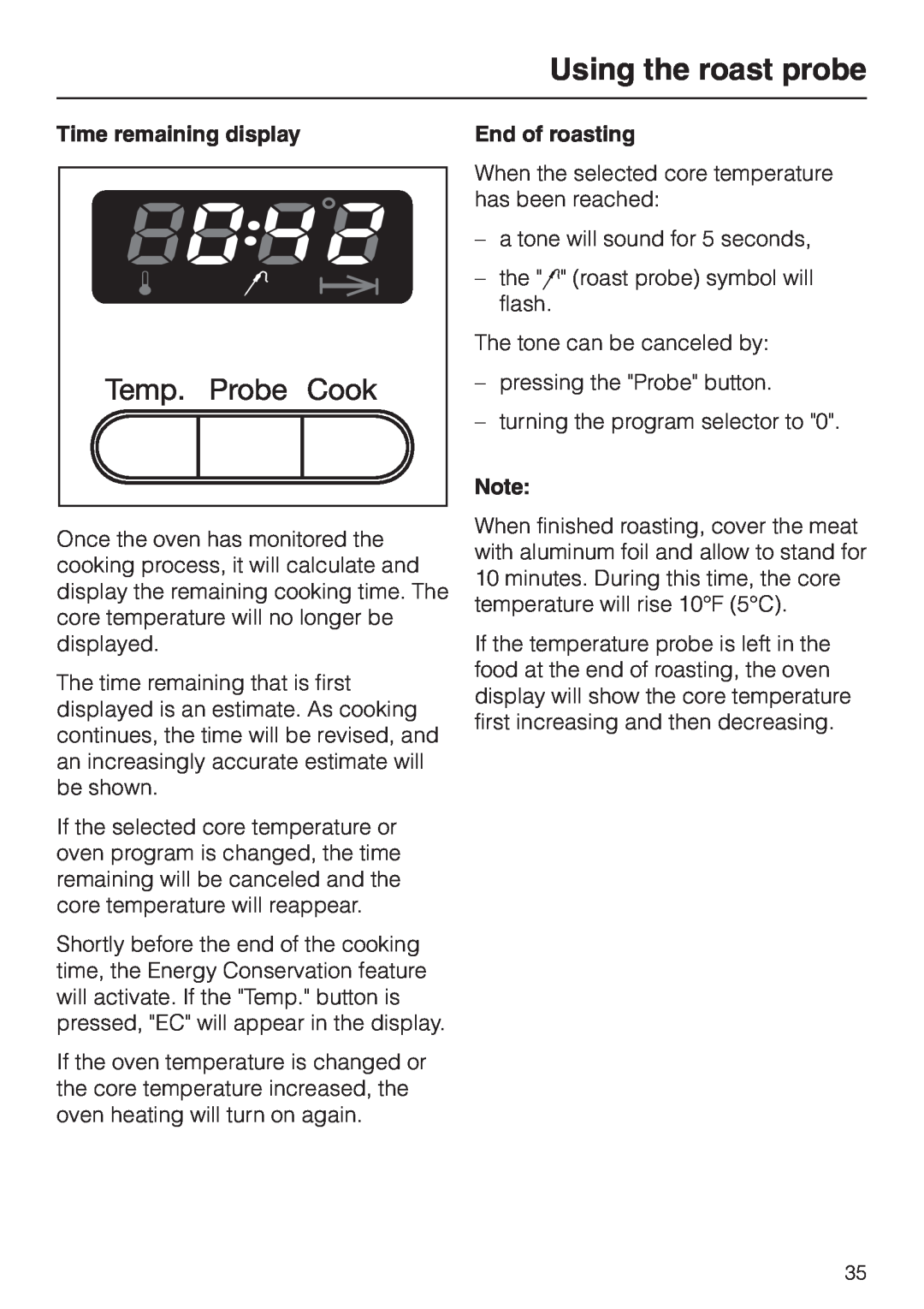 Miele H 387-1 BP KAT, H 387-2 BP KAT manual Using the roast probe, Time remaining display, End of roasting 