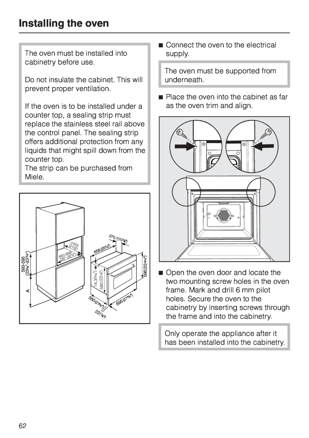 Miele H 387-2 BP KAT, H 387-1 BP KAT manual Installing the oven 