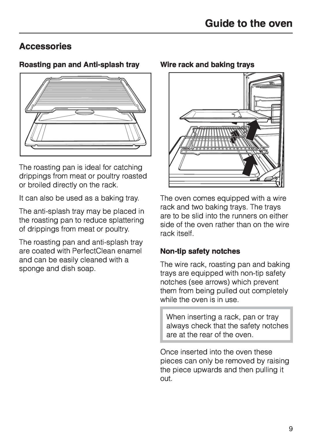 Miele H 387-1 BP KAT manual Accessories, Guide to the oven, Roasting pan and Anti-splashtray, Non-tipsafety notches 