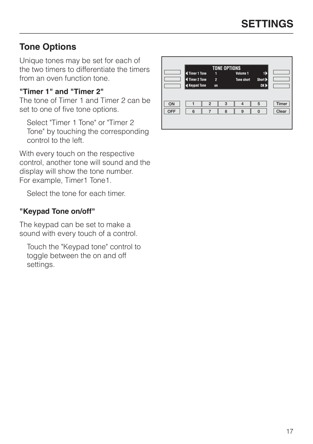 Miele H 394 manual Tone Options, Timer 1 and Timer, Keypad Tone on/off 