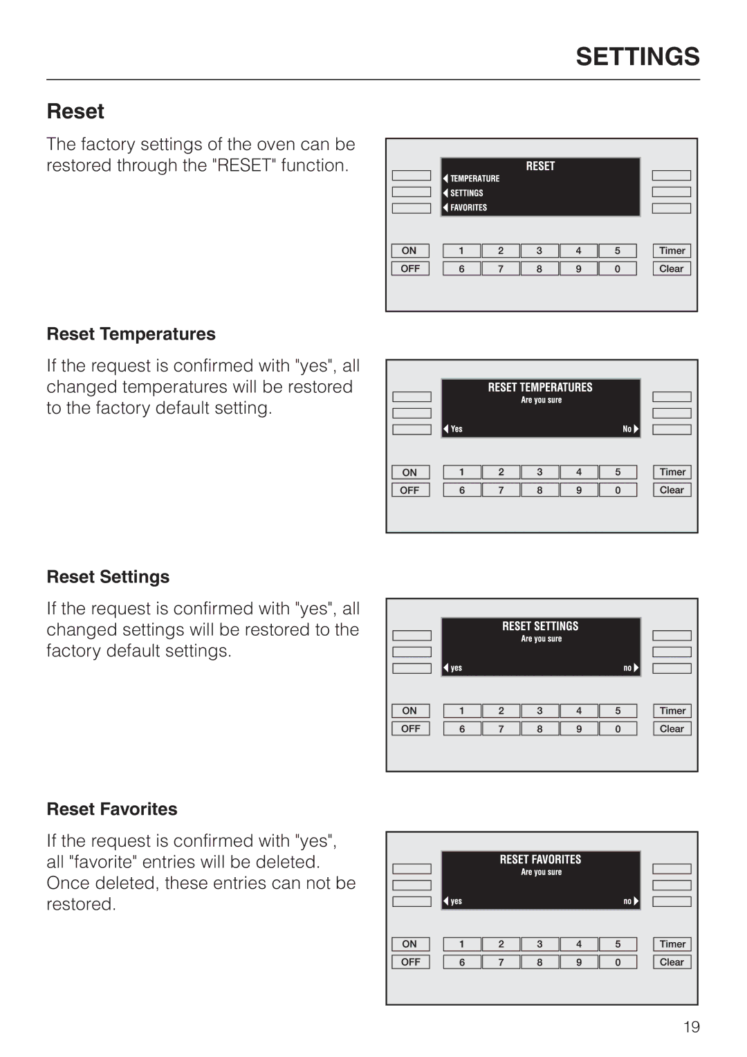 Miele H 394 manual Reset Temperatures, Reset Settings, Reset Favorites 