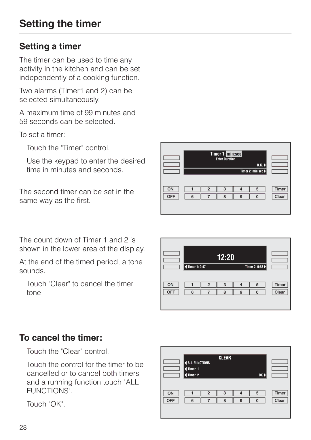 Miele H 394 manual Setting the timer, Setting a timer, To cancel the timer 