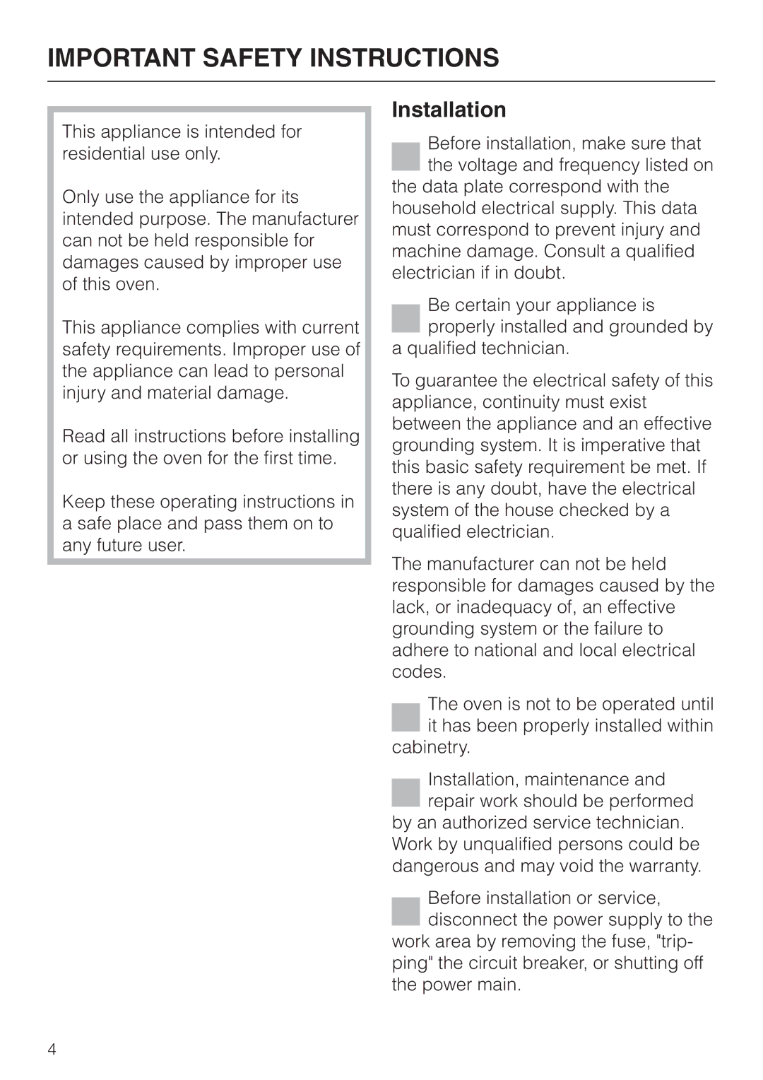 Miele H 394 manual Important Safety Instructions, Installation 