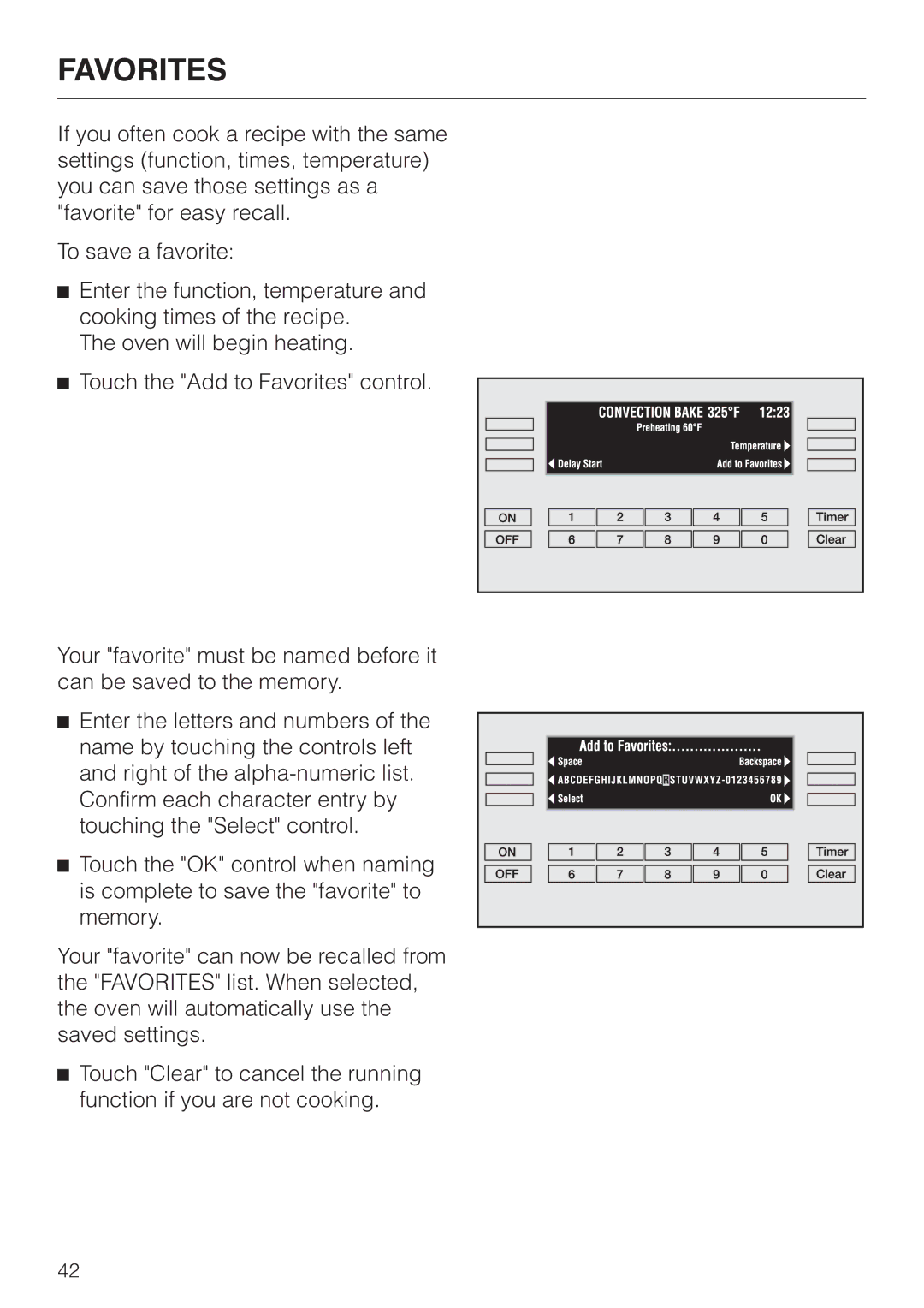 Miele H 394 manual Favorites 