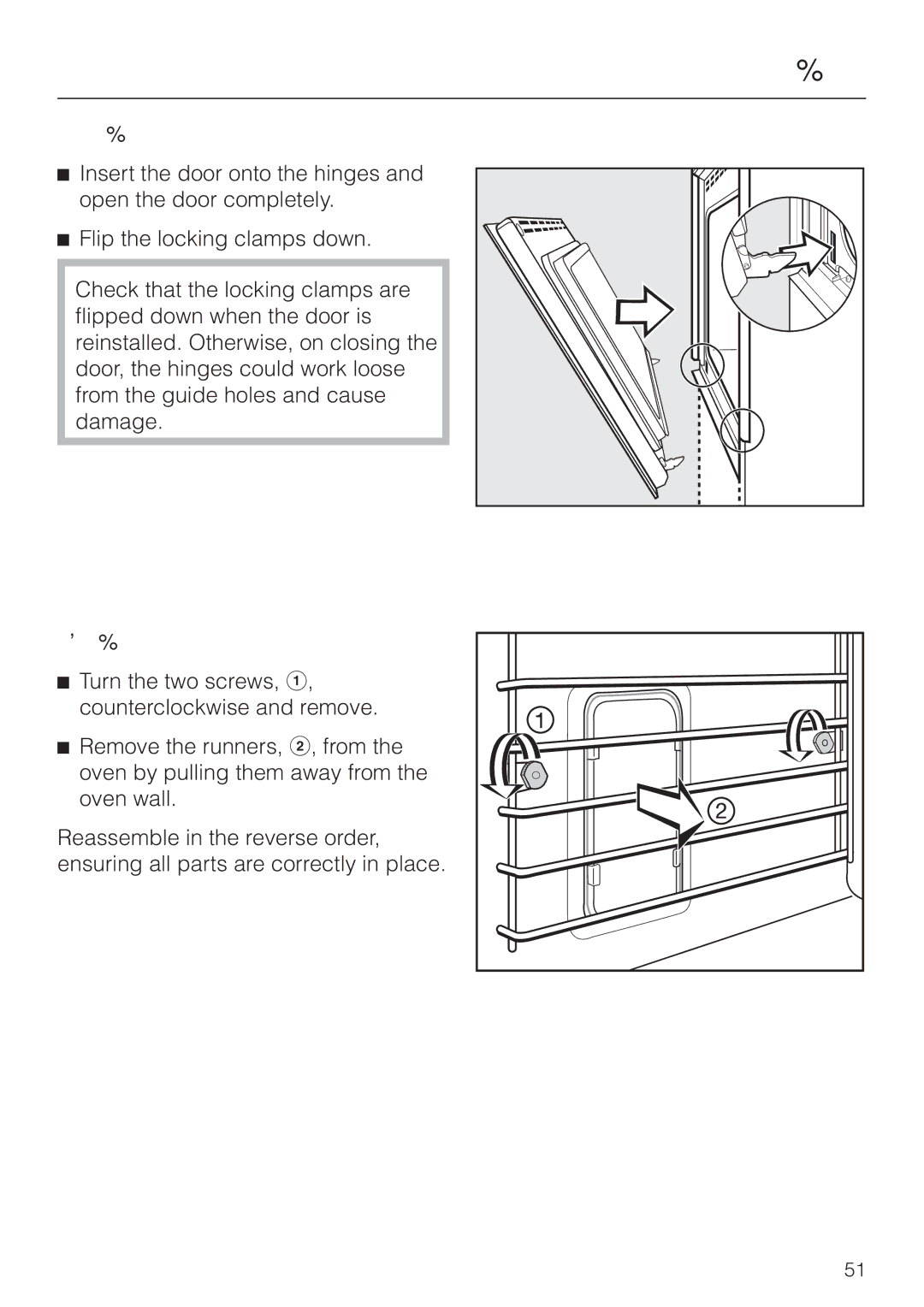 Miele H 394 manual Refitting the oven door, Removing the runners 