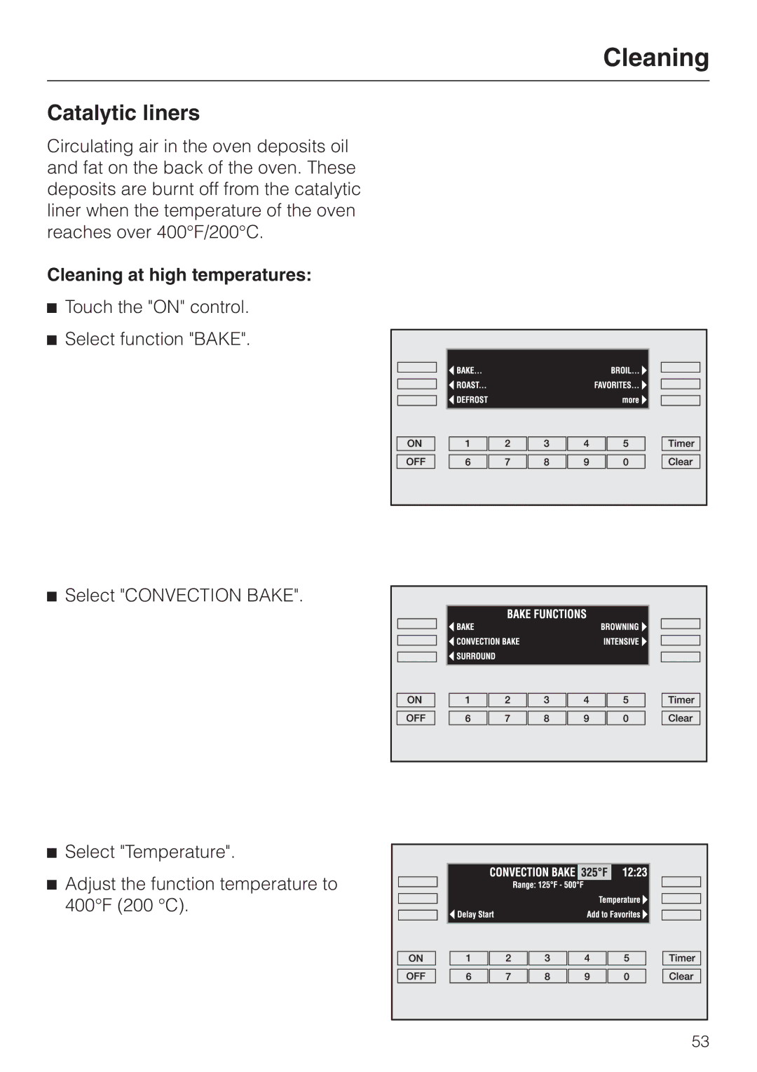 Miele H 394 manual Catalytic liners, Cleaning at high temperatures 