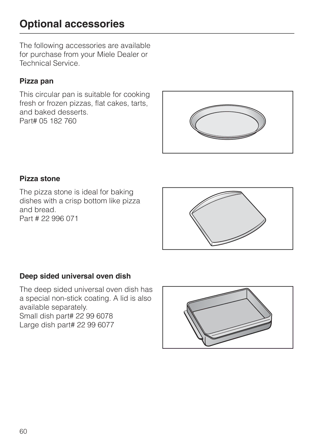 Miele H 394 manual Optional accessories, Pizza pan, Pizza stone, Deep sided universal oven dish 