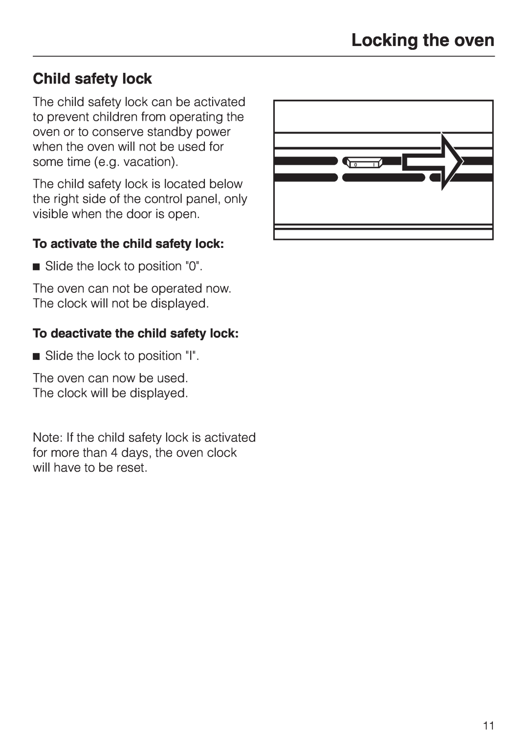 Miele H 394 manual Locking the oven, Child safety lock 