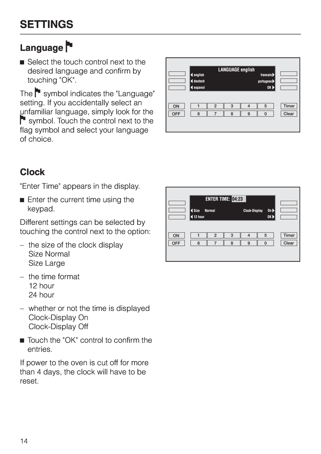 Miele H 394 manual Language F, Clock, Settings 
