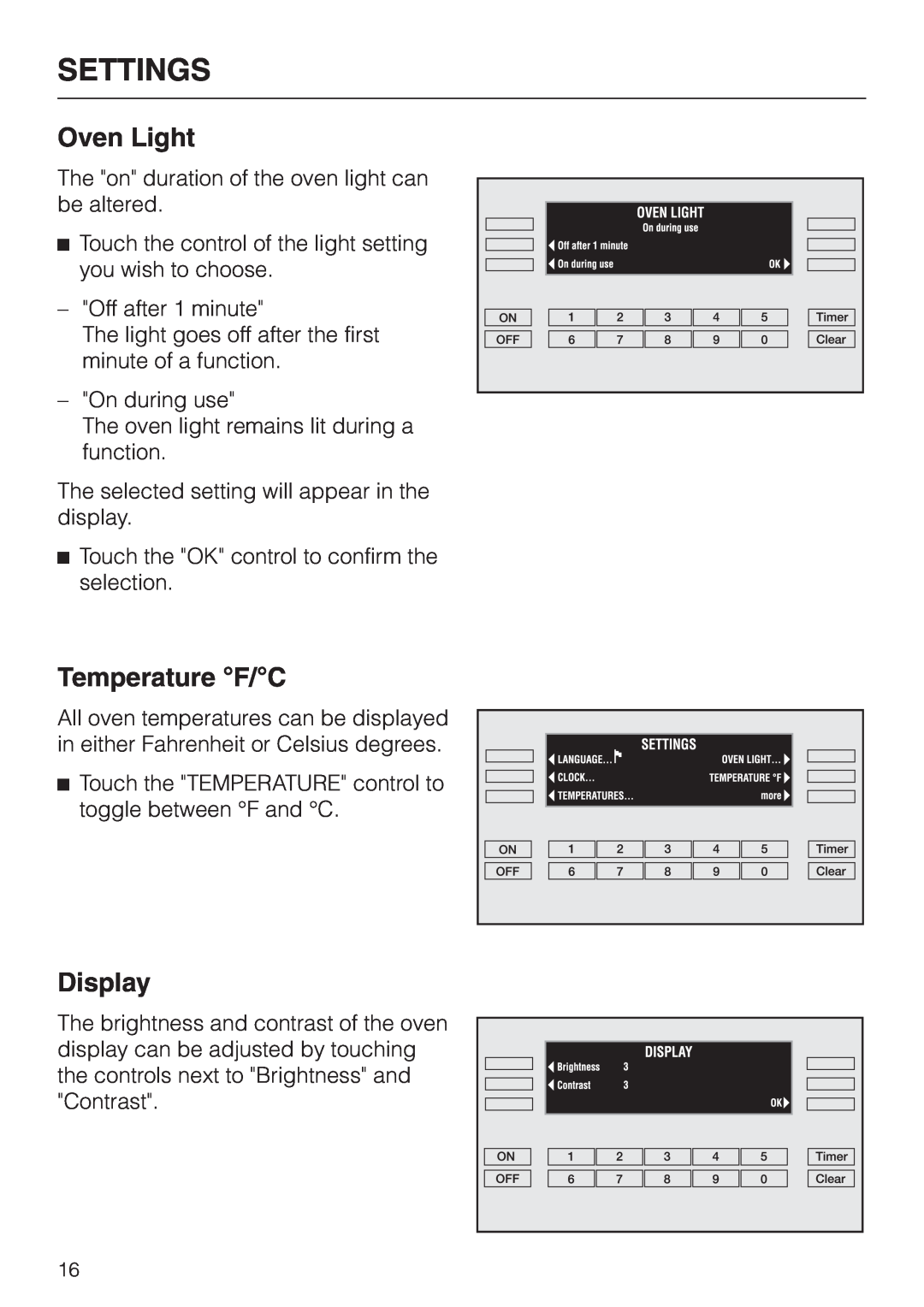Miele H 394 manual Oven Light, Temperature F/C, Display, Settings 