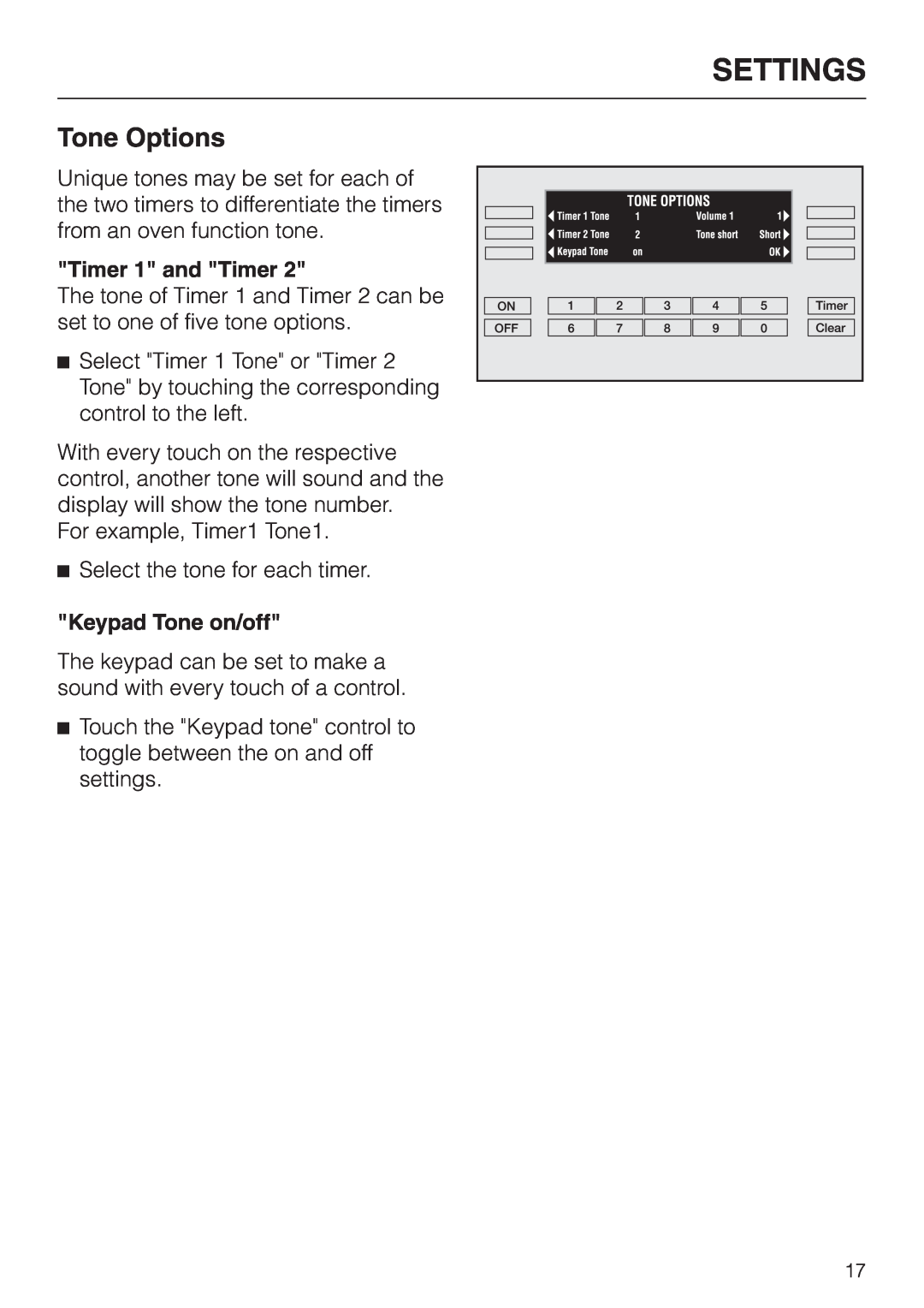 Miele H 394 manual Tone Options, Settings, Timer 1 and Timer, Keypad Tone on/off 