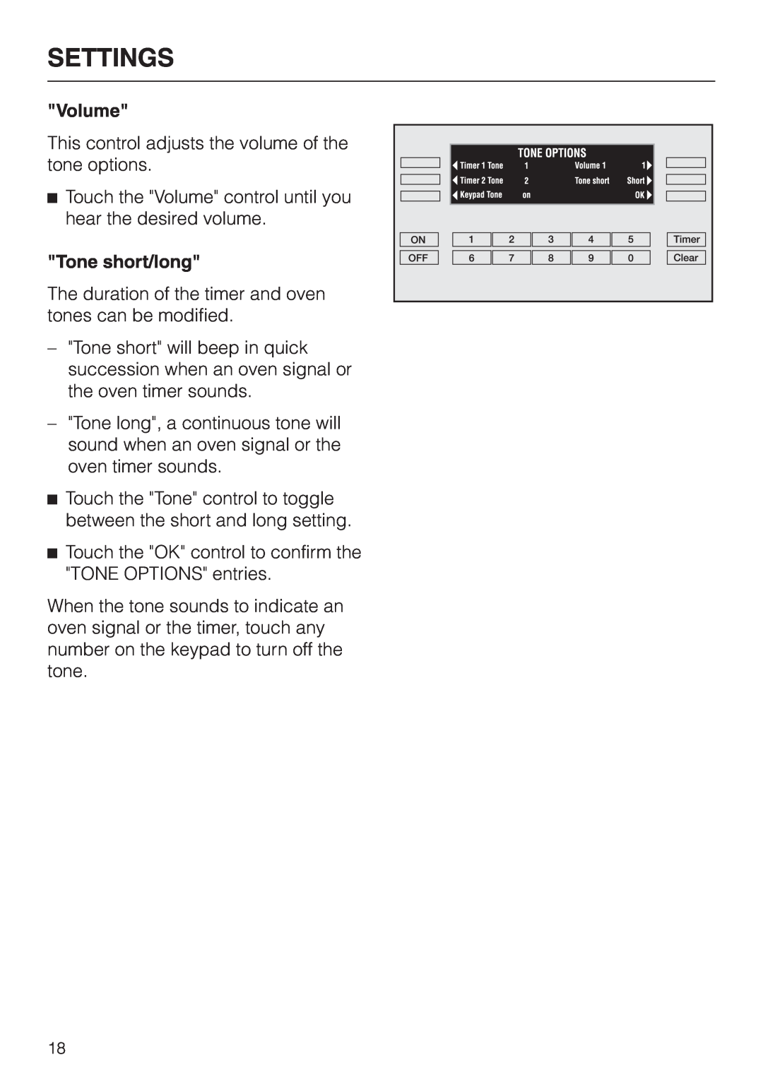 Miele H 394 manual Settings, Volume, Tone short/long 