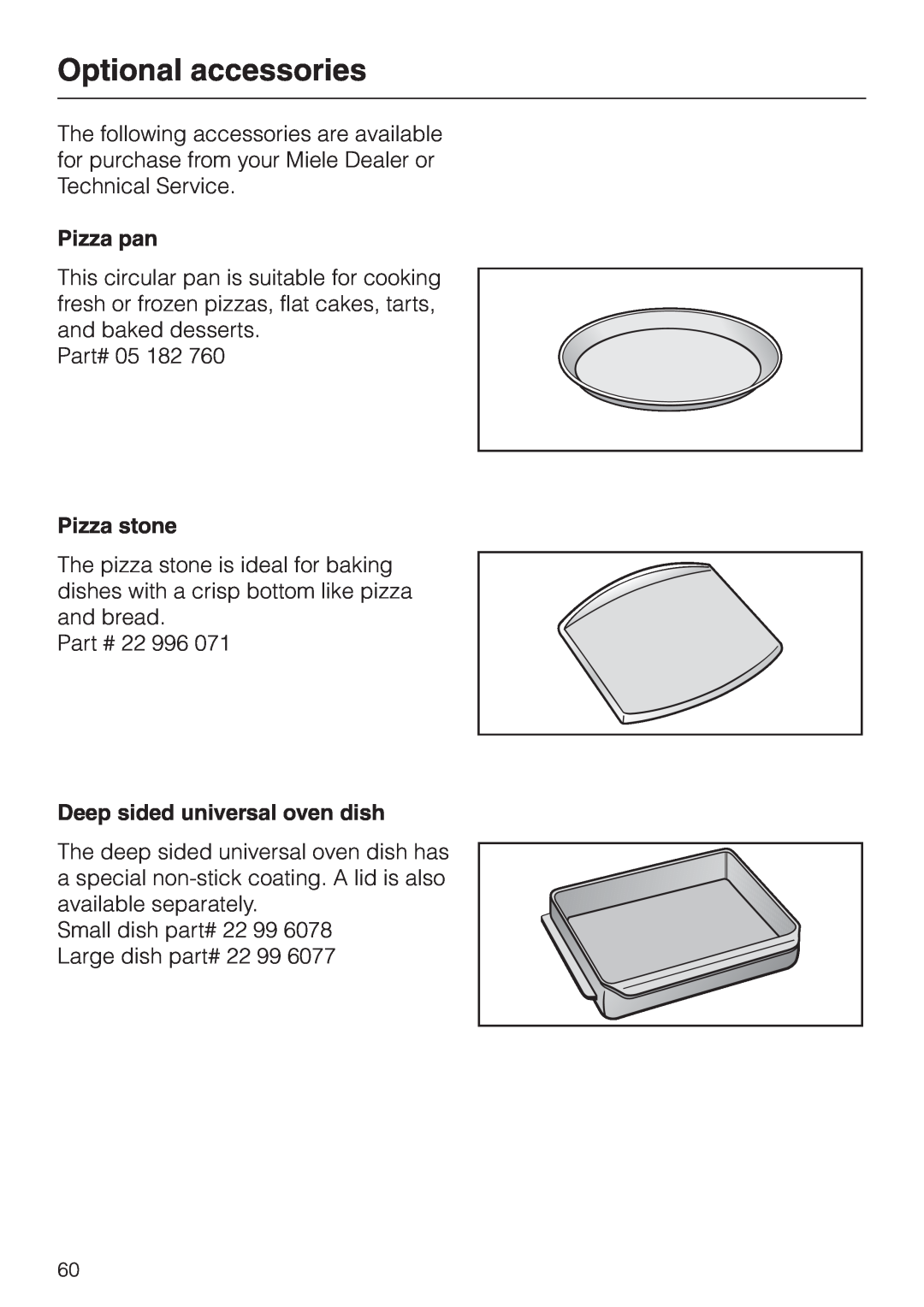 Miele H 394 manual Optional accessories, Pizza pan, Pizza stone, Deep sided universal oven dish 