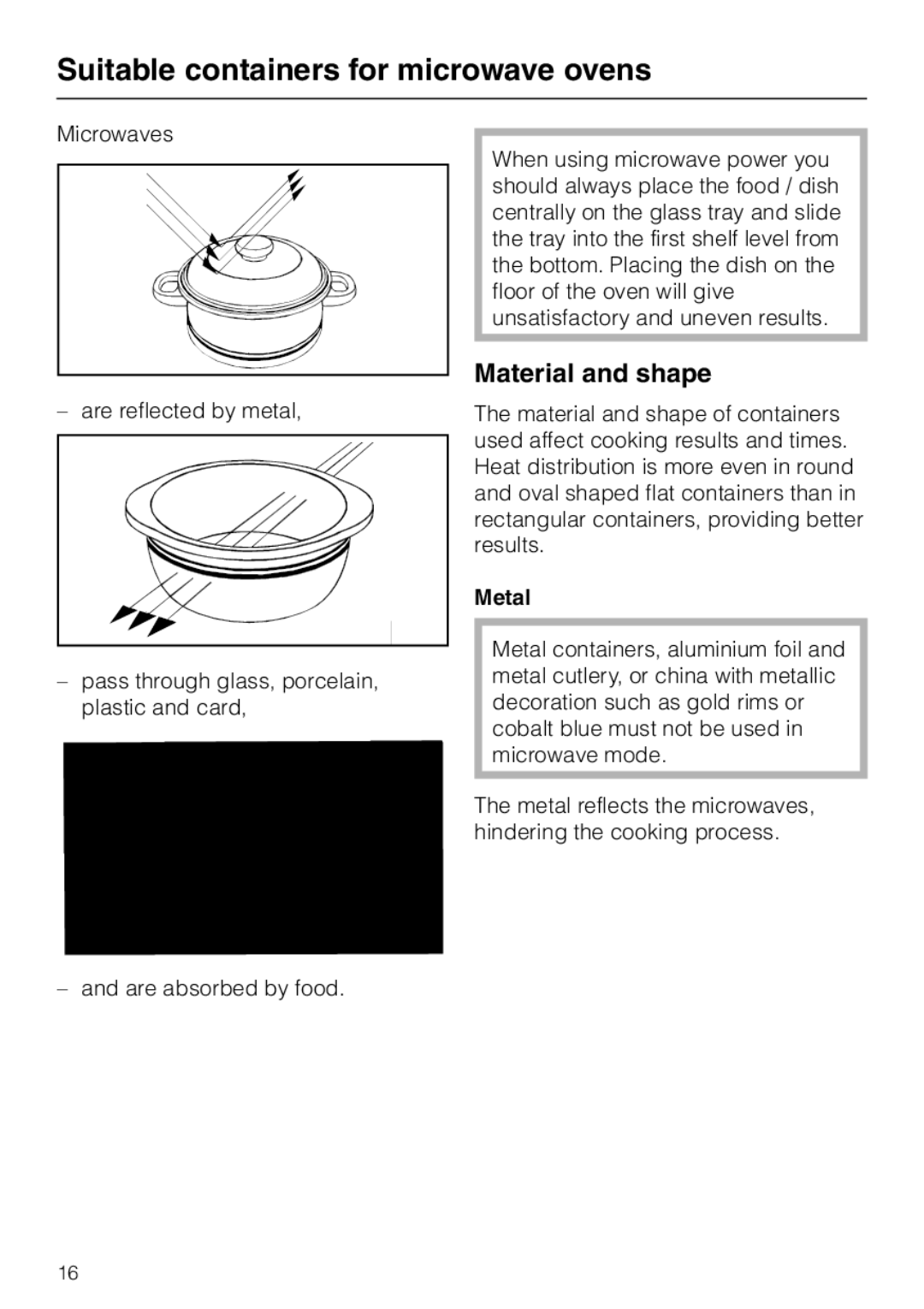 Miele H 4010 BM, H 4020 BM manual Suitable containers for microwave ovens, Material and shape, Metal 