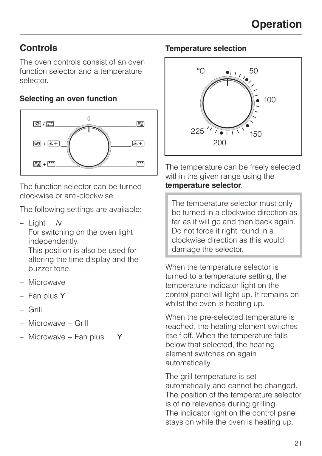 Miele H 4020 BM, H 4010 BM manual Operation, Controls, Selecting an oven function, Temperature selection 