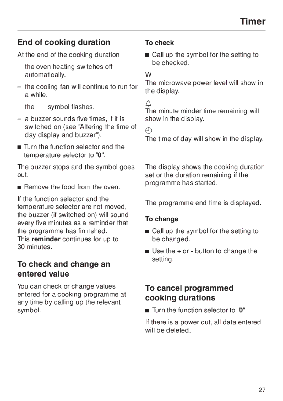 Miele H 4020 BM End of cooking duration, To check and change an entered value, To cancel programmed cooking durations 