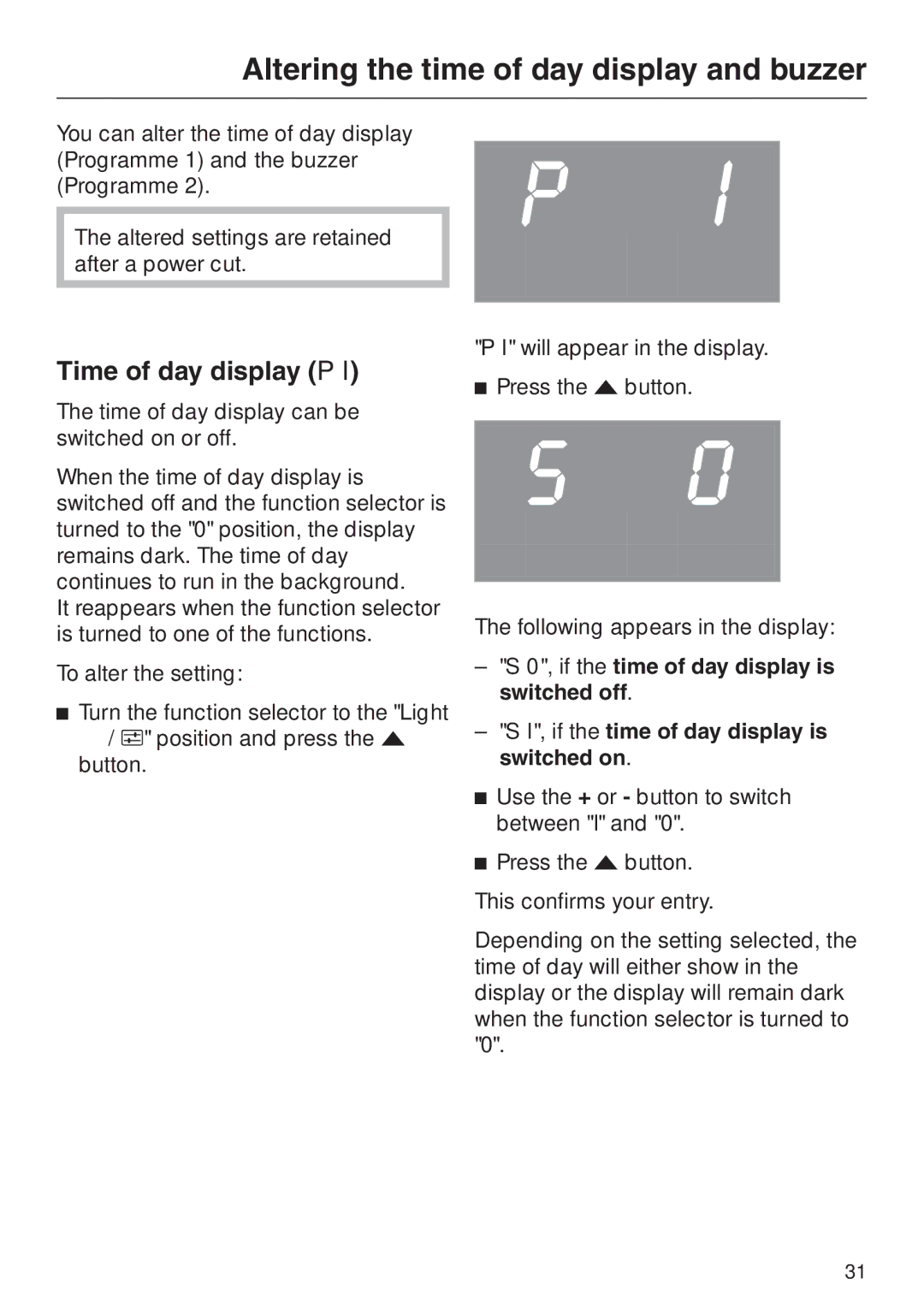 Miele H 4020 BM, H 4010 BM manual Altering the time of day display and buzzer, Time of day display P 