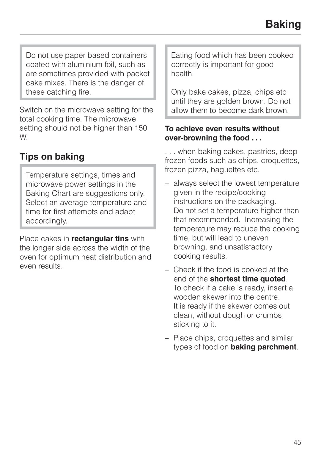 Miele H 4020 BM, H 4010 BM manual Tips on baking, To achieve even results without over-browning the food 