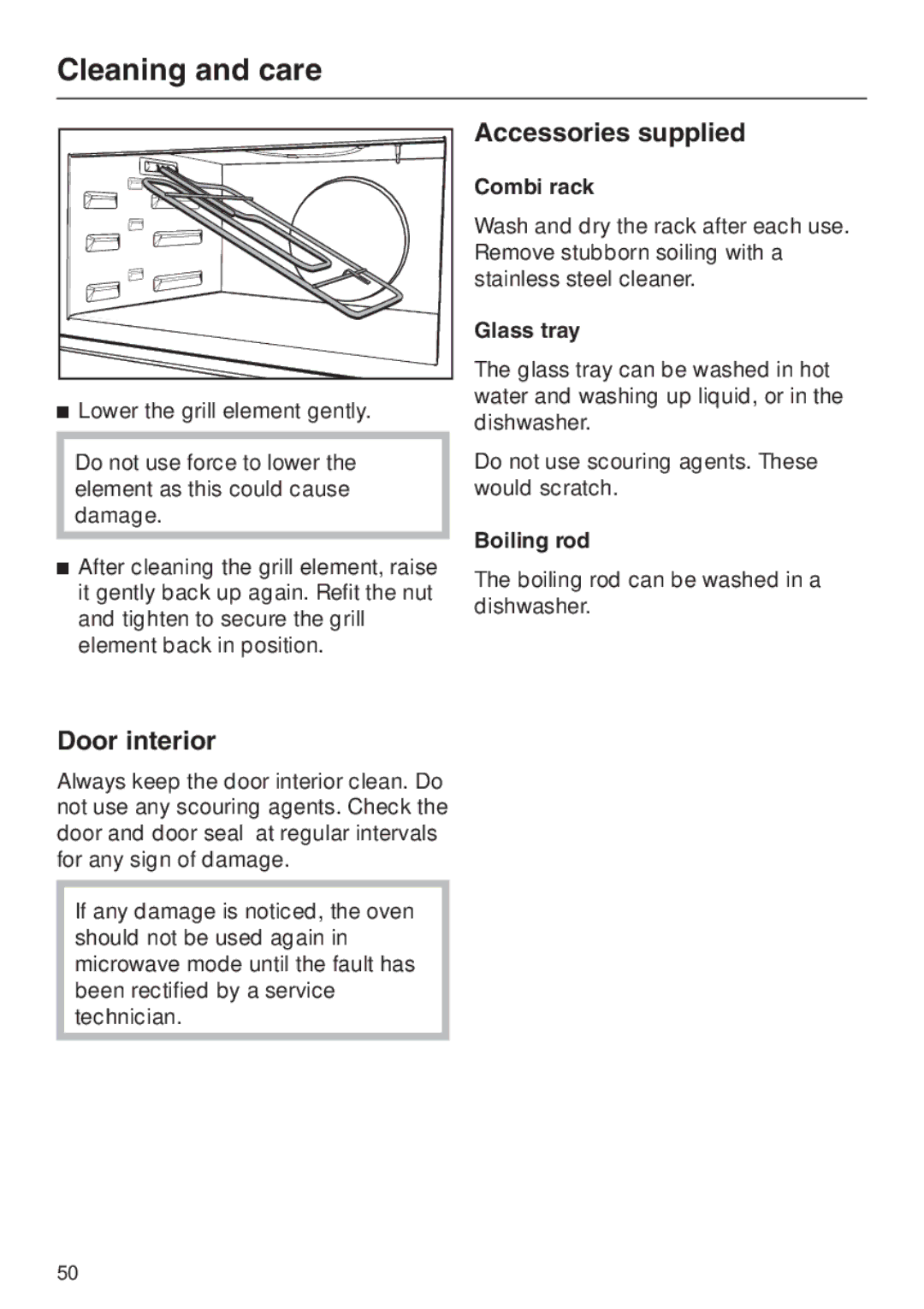 Miele H 4010 BM, H 4020 BM manual Door interior, Lower the grill element gently, Combi rack 