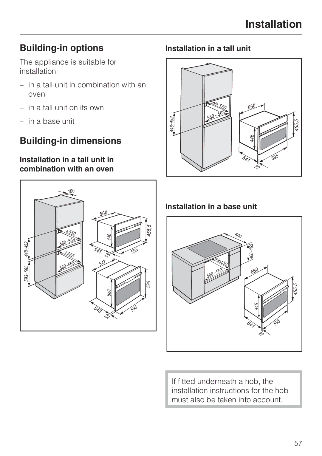 Miele H 4020 BM, H 4010 BM manual Installation, Building-in options, Building-in dimensions 