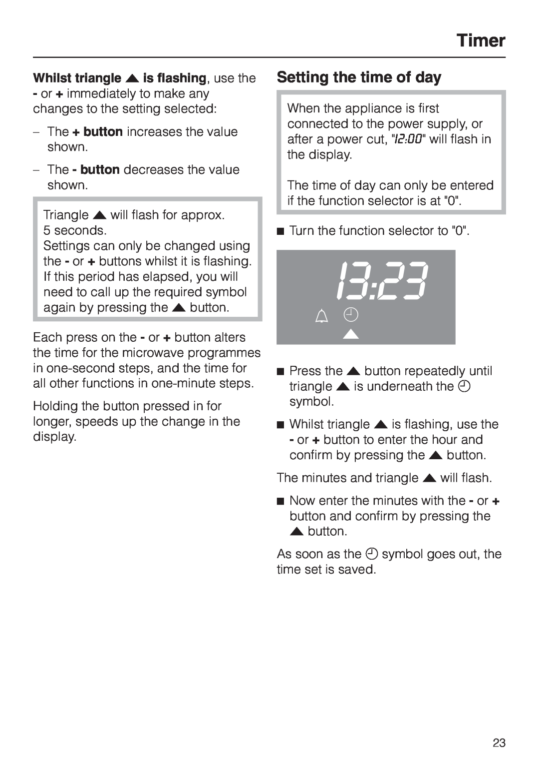 Miele H 4020 BM, H 4010 BM manual Setting the time of day, Whilst triangle V is flashing, use the, Timer 