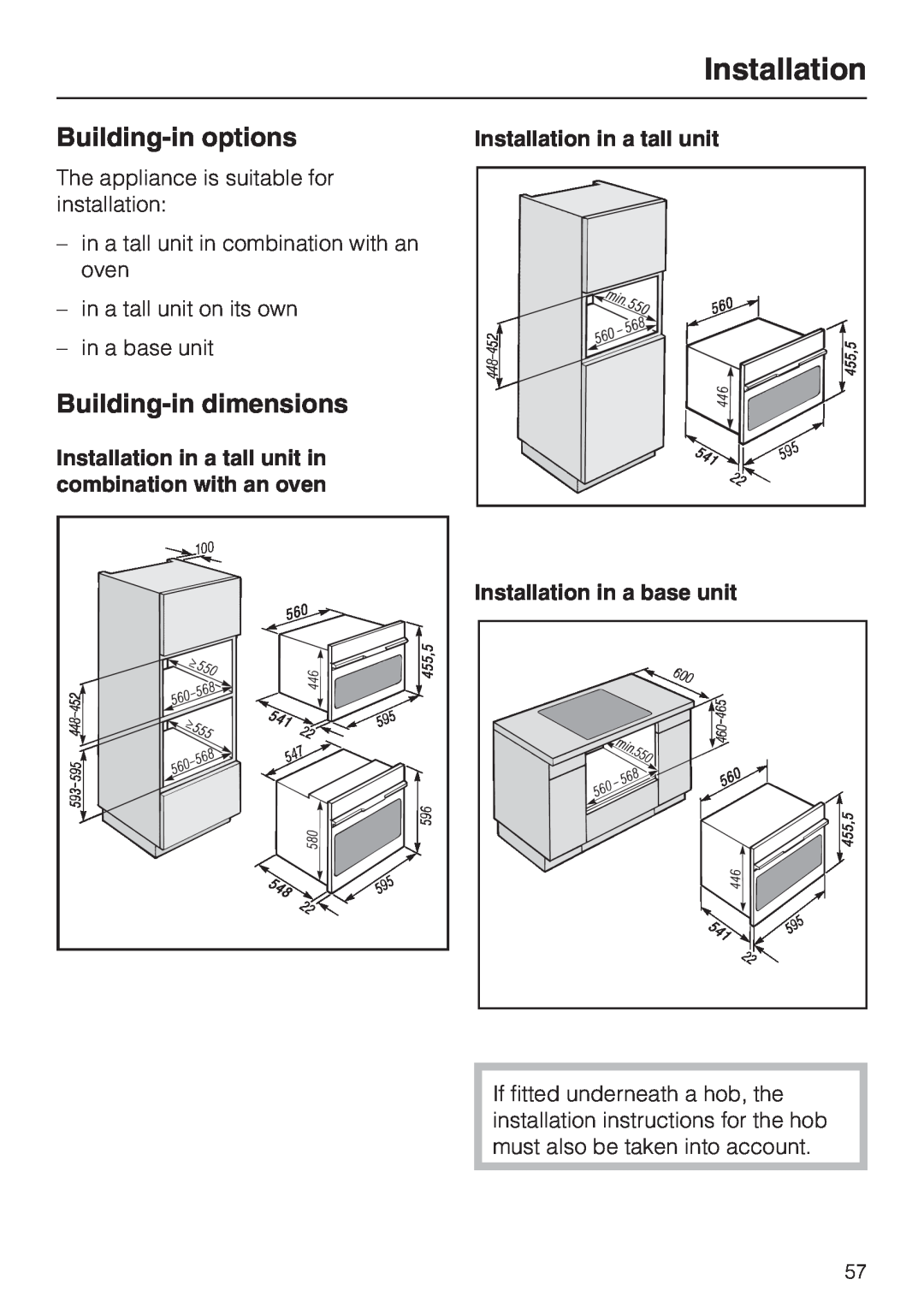 Miele H 4020 BM, H 4010 BM manual Installation, Building-in options, Building-in dimensions 