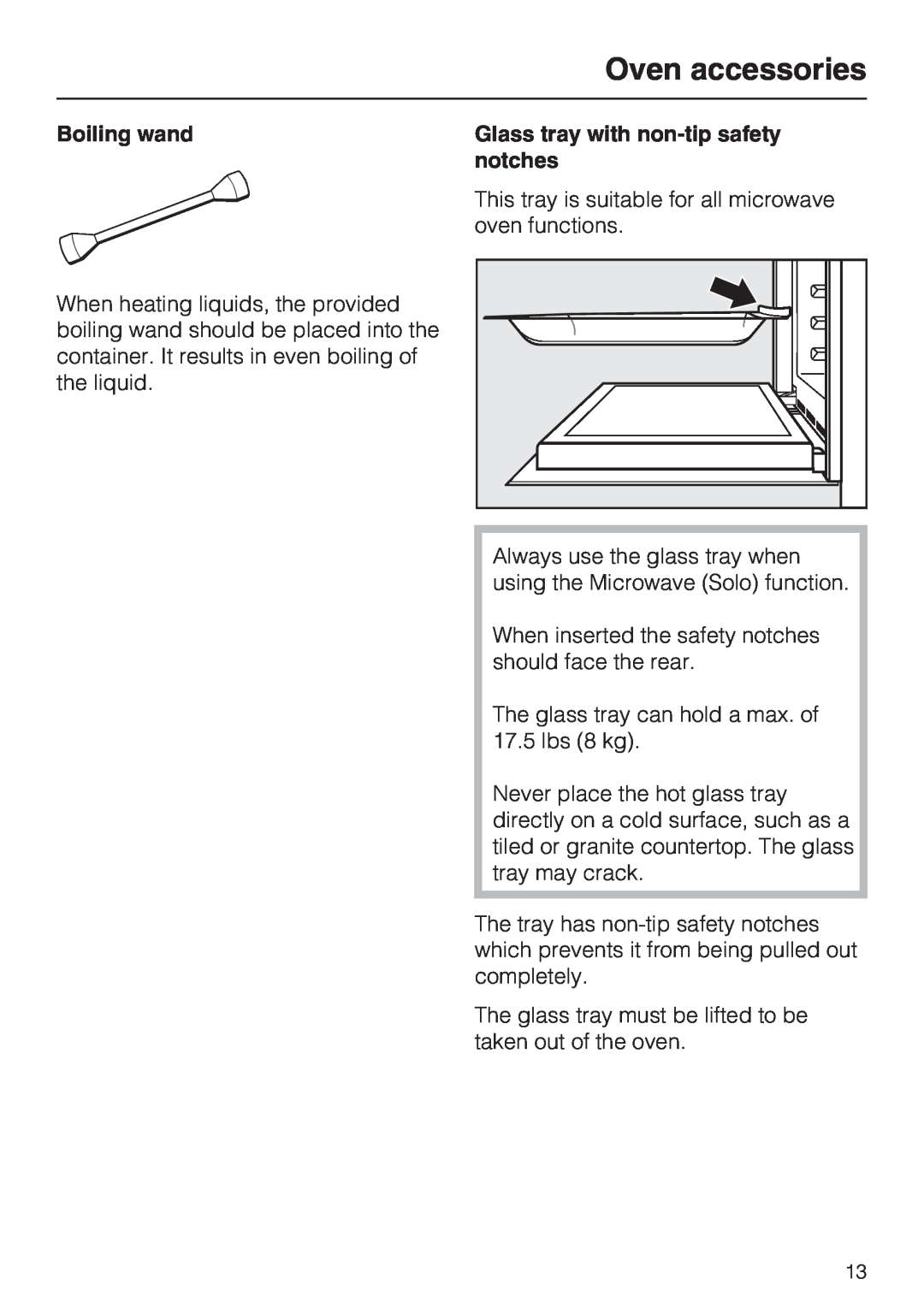 Miele H 4042 BM installation instructions Oven accessories, Boiling wand, Glass tray with non-tip safety notches 
