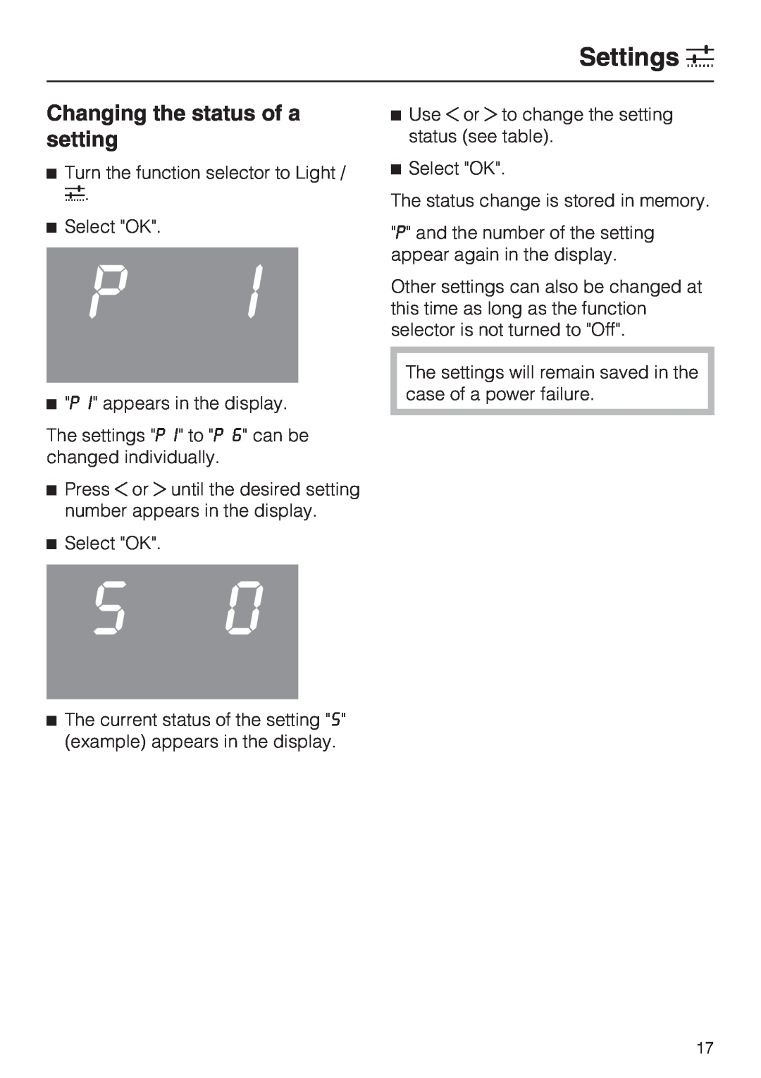 Miele H 4042 BM installation instructions Changing the status of a setting, Settings % 