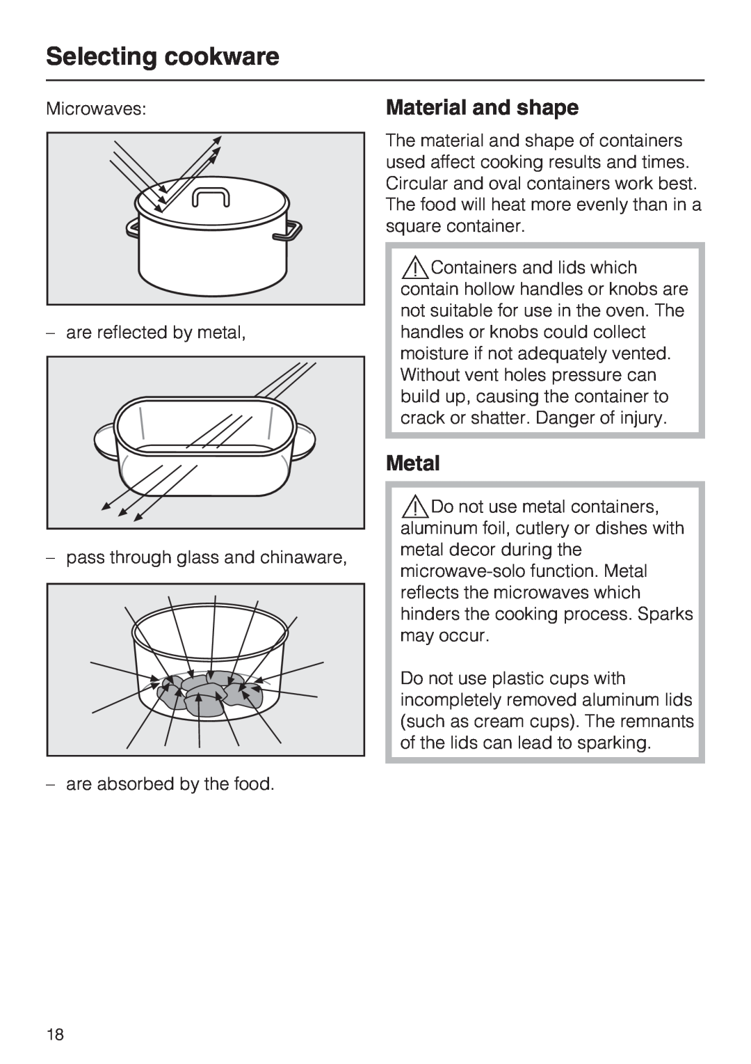 Miele H 4042 BM installation instructions Selecting cookware, Material and shape, Metal 