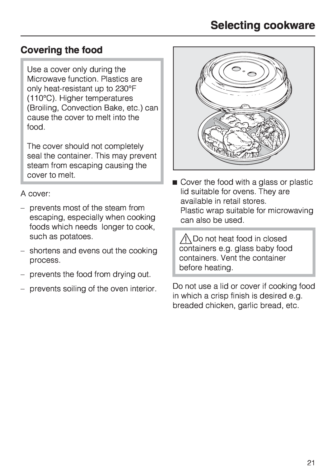 Miele H 4042 BM installation instructions Covering the food, Selecting cookware 