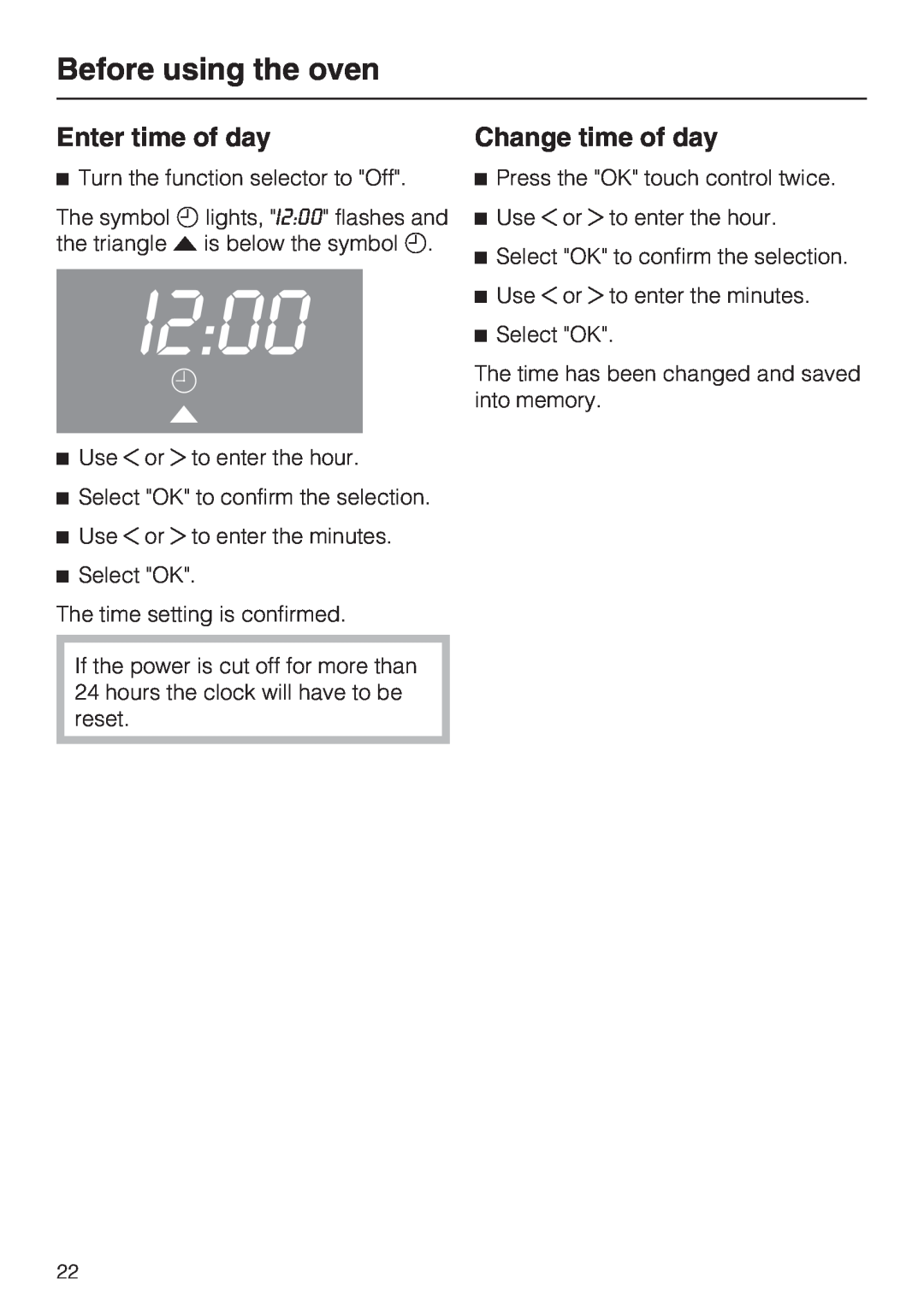 Miele H 4042 BM installation instructions I200, Before using the oven, Enter time of day, Change time of day 