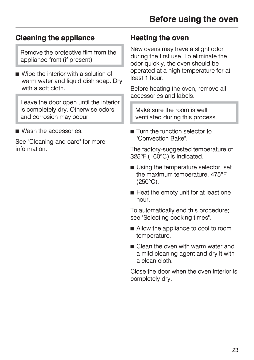 Miele H 4042 BM installation instructions Cleaning the appliance, Heating the oven, Before using the oven 