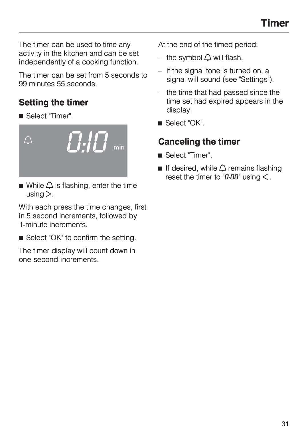 Miele H 4042 BM installation instructions N 0I0 min, Timer, Setting the timer, Canceling the timer 