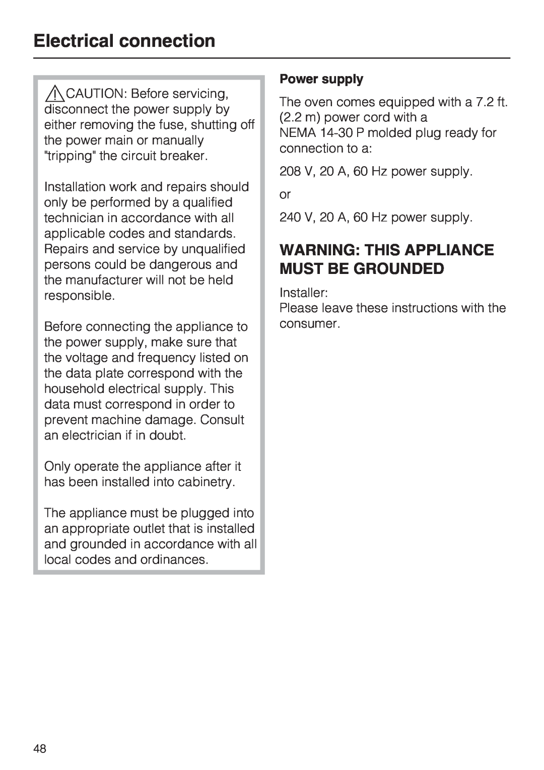 Miele H 4042 BM installation instructions Electrical connection, Warning This Appliance Must Be Grounded, Power supply 