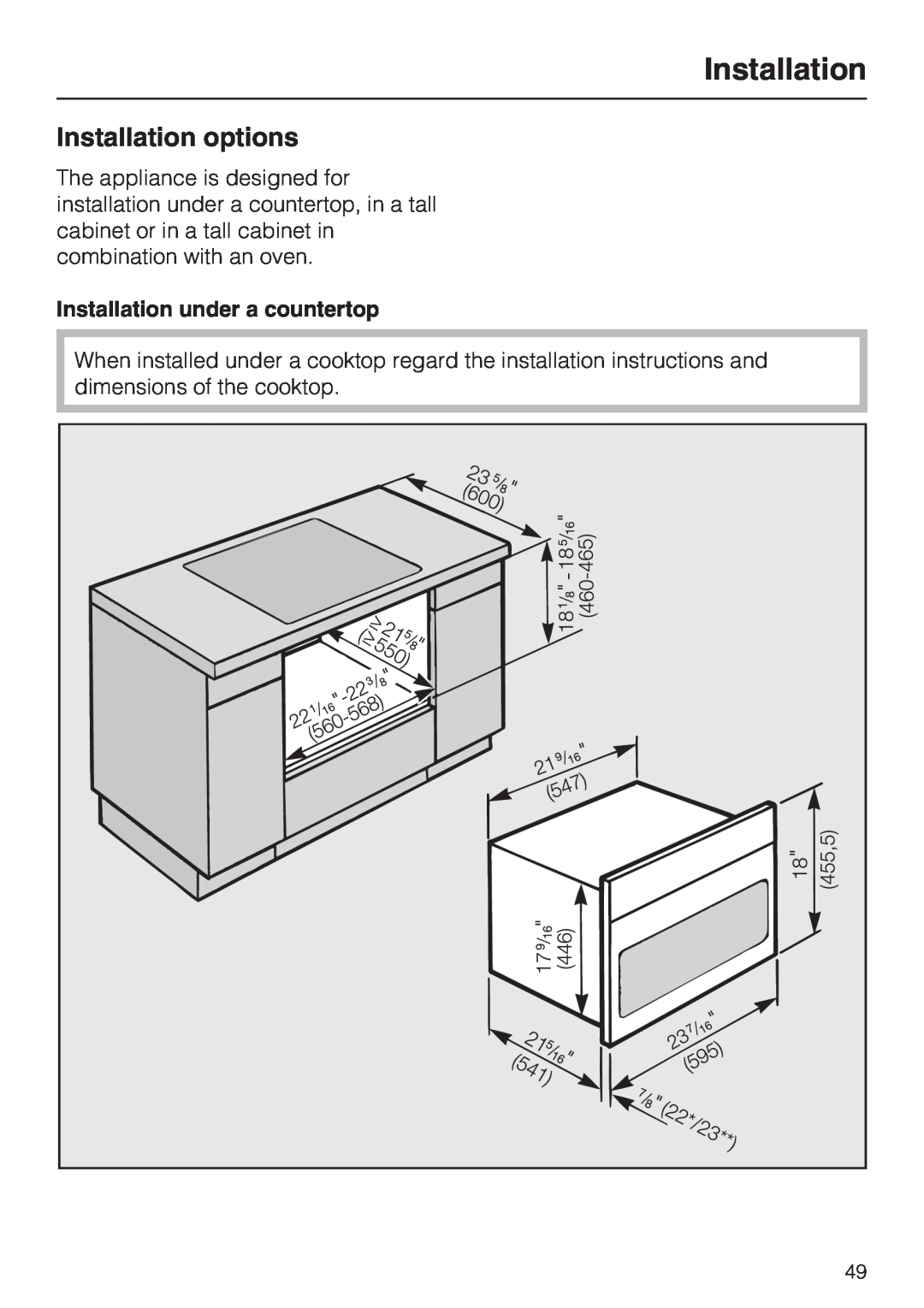Miele H 4042 BM installation instructions Installation options, Installation under a countertop 