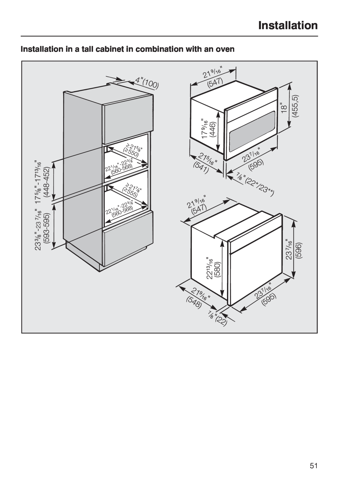 Miele H 4042 BM installation instructions Installation in a tall cabinet in combination with an oven 
