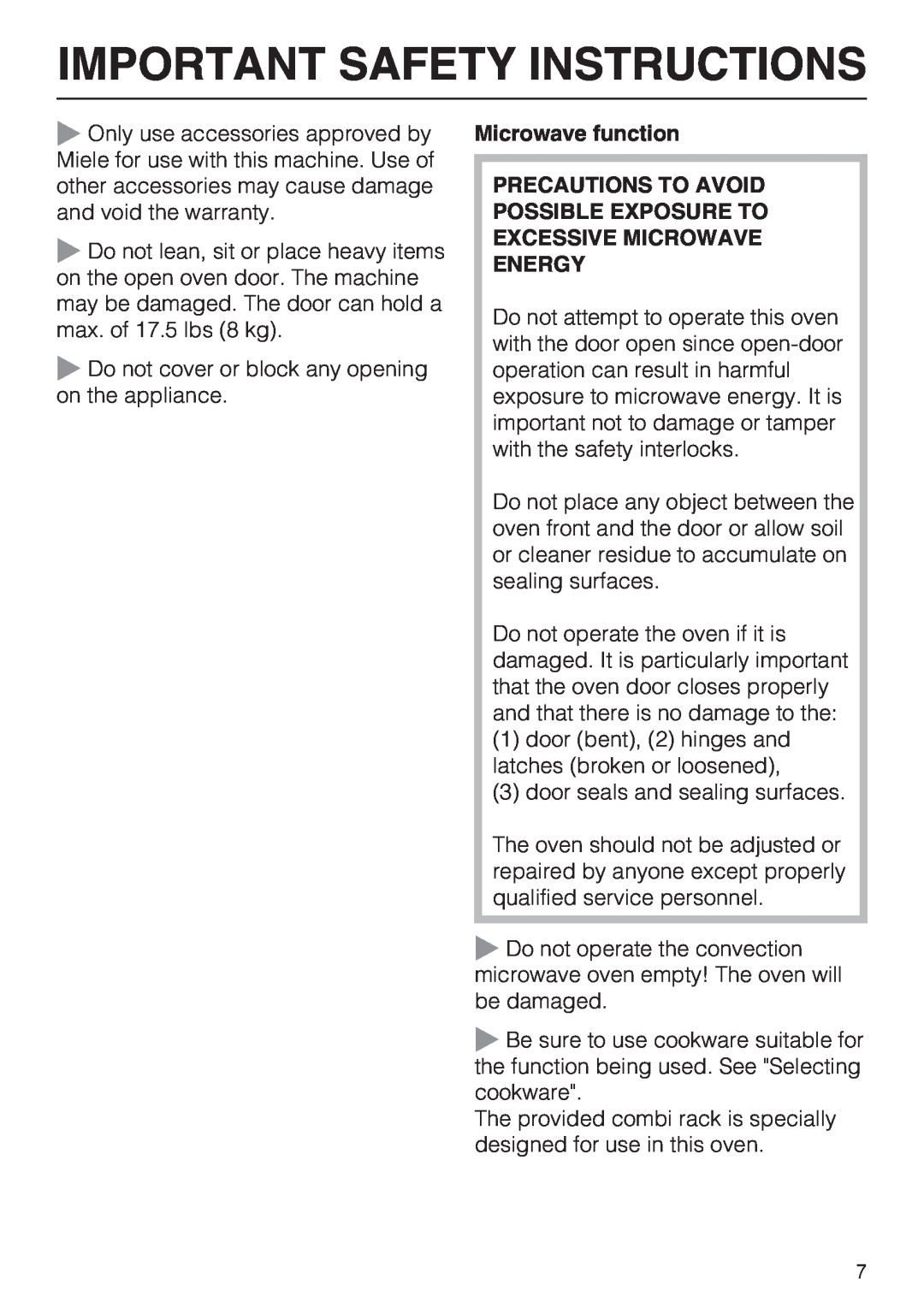 Miele H 4042 BM Microwave function PRECAUTIONS TO AVOID POSSIBLE EXPOSURE TO, Excessive Microwave Energy 